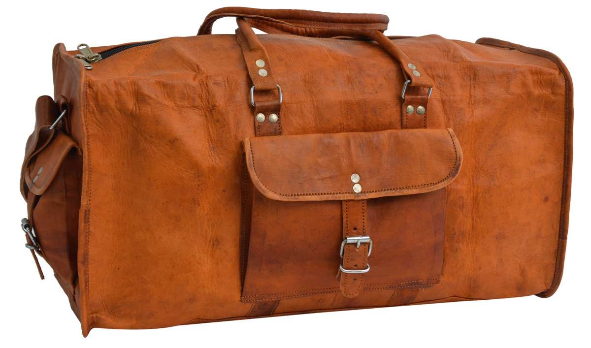 Braune Ziegenleder Reisetasche mit Außentaschen